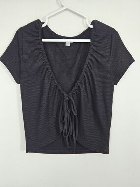 Garage Black Ribbed Tie Front Crop Top Short Sleeve Cinched Size XS🔥